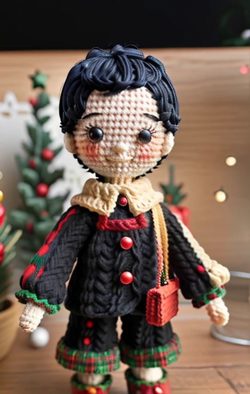 Woolen doll man, short black hair, happy smile, Christmas clothes. Happy holidays