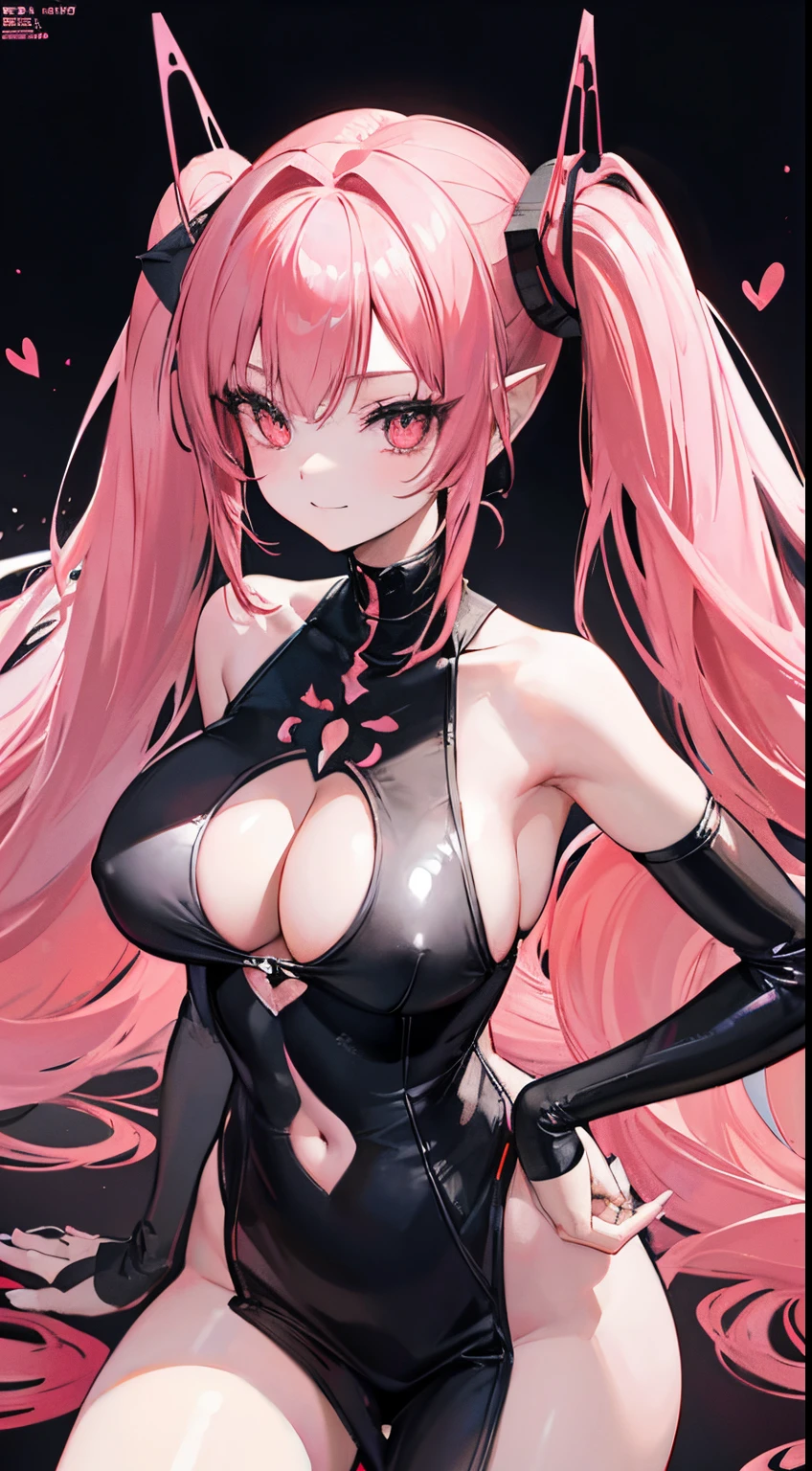 18 year old beautiful girl, Red big eyes, Petite and slender、slightly large breast, Pink hair,)),(loose twintail hair), in 8K, of the highest quality, (Highly detailed head: 1.0), (Very detailed face: 1.0), (very detail hair: 1.0),(Obscene black costume with high exposure), ((Succubus)),Detailed official artwork, anime moe art style, clean detailed anime art, Cool smile