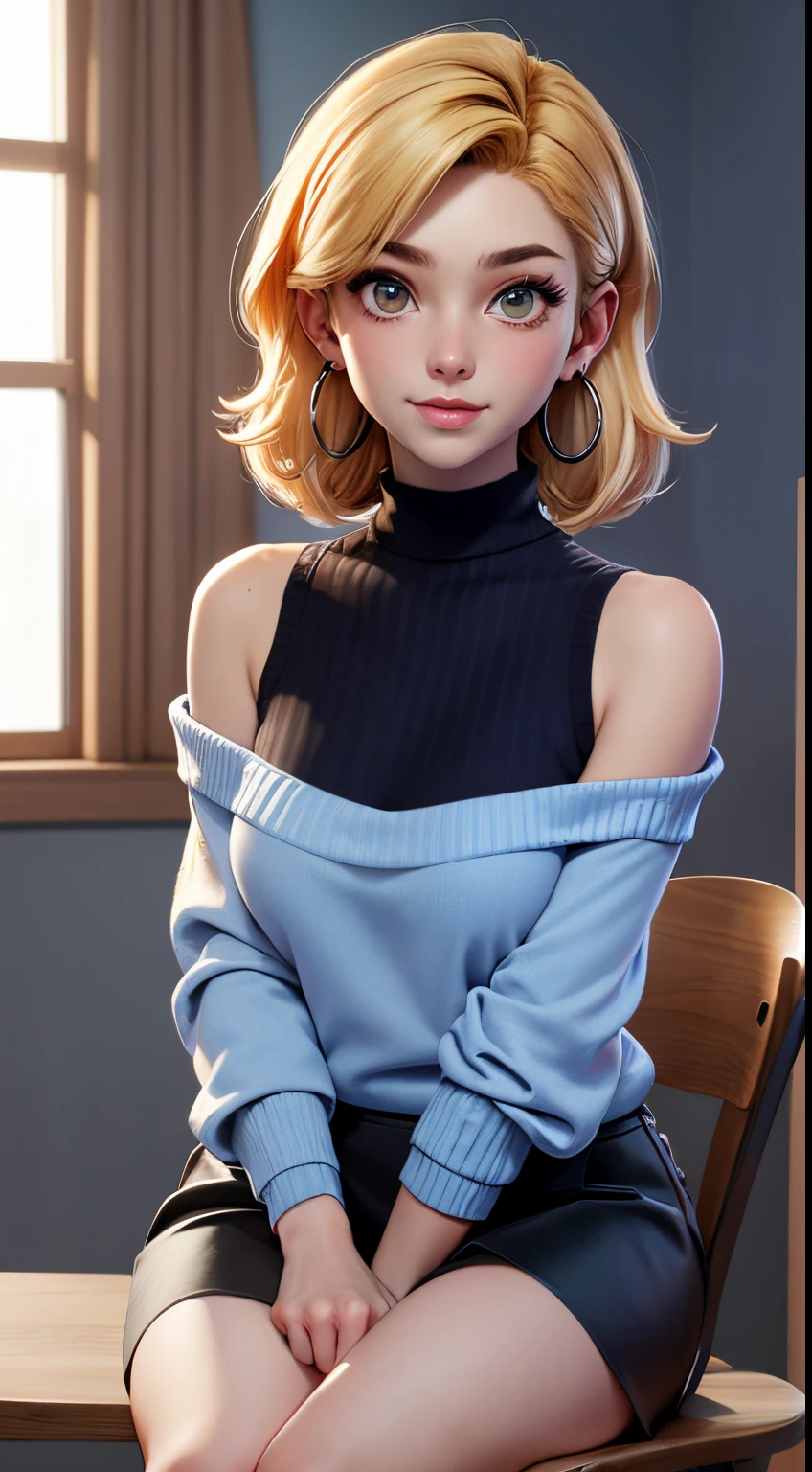 masterpiece, hightquality, Hi-Res, MEMcho, Indoors, cowboy shot, Black skirt, The shirt, off shoulders, off-the-shoulder sweater, (Light blue sweater:1.2), sleeveless shirts, High Neck Sleeveless Shirt, Black shirt, Sweaters, Sweater sleeve wrist too much, sitting on, hoop earrings,animesque、a blond、Only the head is black