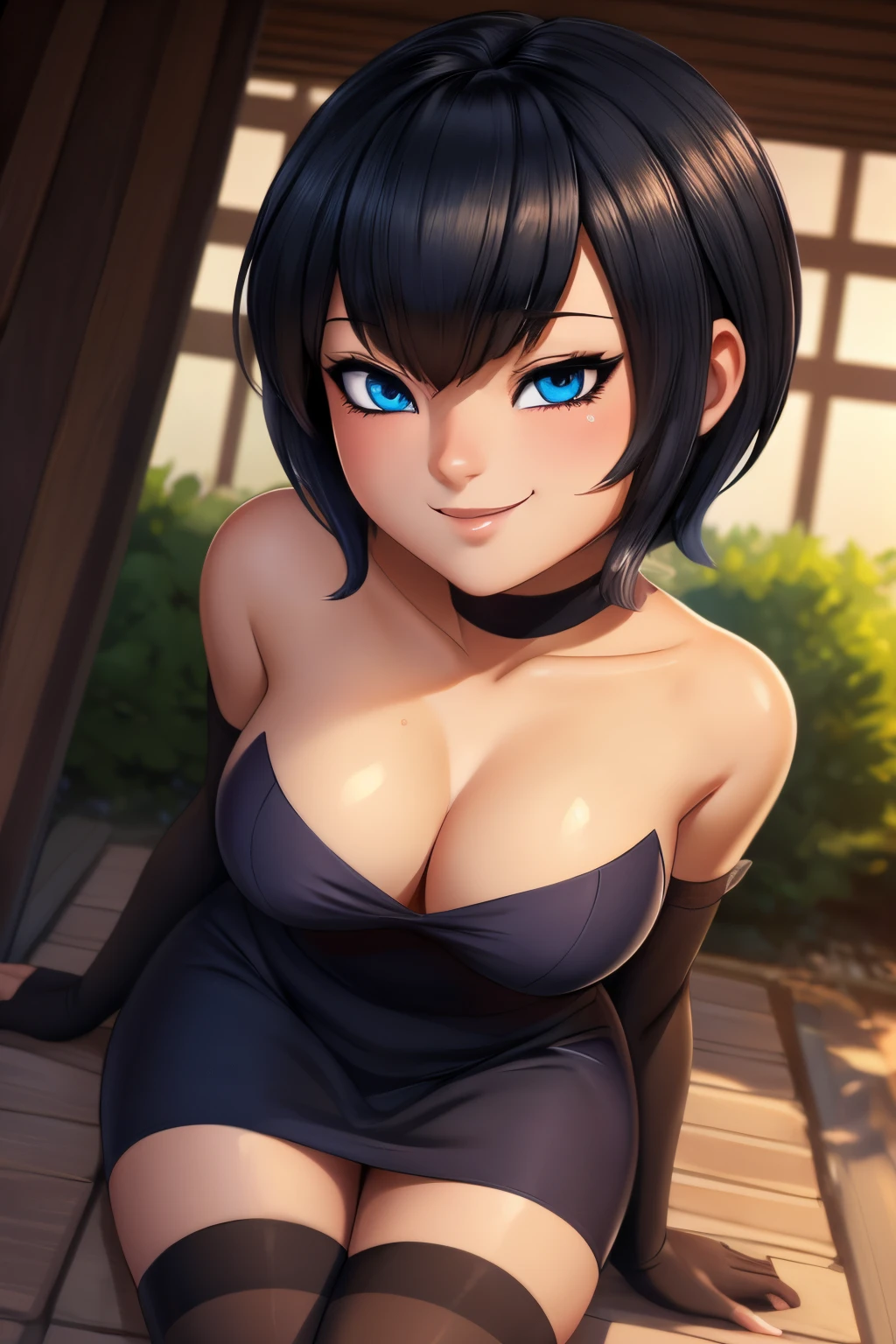 ((ultra quality)), ((tmasterpiece)), mavis dracula, ((Black, Short Hair Hair)), (Beautiful cute face), (beautiful female lips), Charming, ((sexy facial expression)), looking at the camera smiling softly, eyes are slightly closed, (Skin color: white), Body glare, wet body ((detailed beautiful female eyes)), ((dark blue eyes)), (juicy female lips), (beautiful female hands), ((perfect female figure)), perfect female body, Beautiful waist, Gorgeous hips, Beautiful medium breasts, ((Subtle and beautiful)), seductively worth it (close-up of the face), (dressed in Mavis clothes, brown bodycon dress, with closed neck, striped stockings,) background: In the backyard ((Depth of field)), ((high quality clear image)), (crisp details), ((higly detailed)), Realistic, Professional Photo Session, ((Clear Focus)), the anime