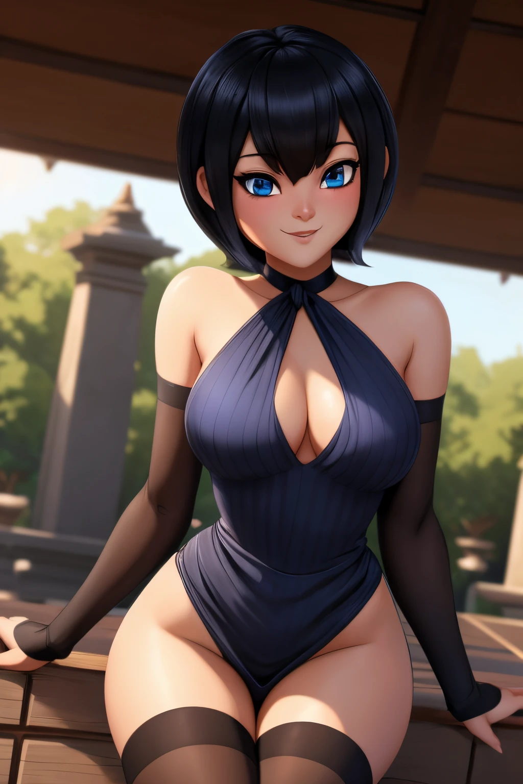 ((ultra quality)), ((tmasterpiece)), mavis dracula, ((Black, Short Hair Hair)), (Beautiful cute face), (beautiful female lips), Charming, ((sexy facial expression)), looking at the camera smiling softly, eyes are slightly closed, (Skin color: white), Body glare, wet body ((detailed beautiful female eyes)), ((dark blue eyes)), (juicy female lips), (beautiful female hands), ((perfect female figure)), perfect female body, Beautiful waist, Gorgeous hips, Beautiful medium breasts, ((Subtle and beautiful)), seductively worth it (close-up of the face), (dressed in Mavis clothes, brown bodycon dress, with closed neck, striped stockings,) background: In the backyard ((Depth of field)), ((high quality clear image)), (crisp details), ((higly detailed)), Realistic, Professional Photo Session, ((Clear Focus)), the anime