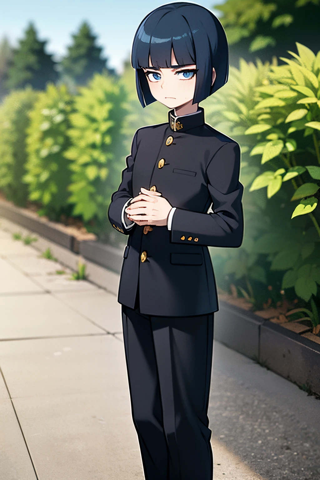 young boy, tall boy, blue hair, bob hair cut, blue eyes, wearing black student outfits, black gakuran, anime boy, shy face, in a garden, shy face, cute anime pose, hd, masterpiece, best quality, grey filter, 4k, anime, 8k, black lines