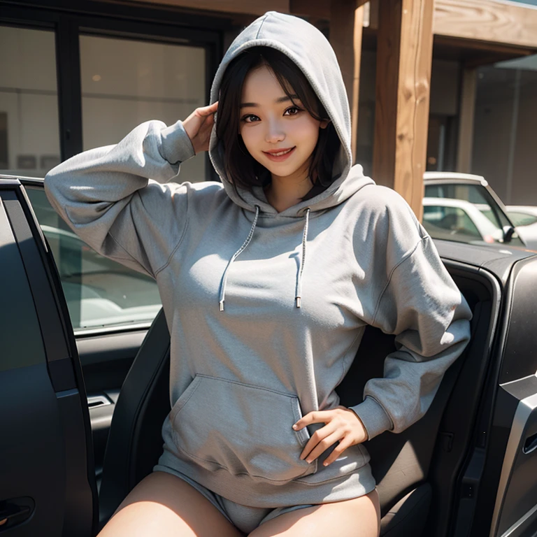 best quality, masterpiece, ultra high res, photorealistic, 1girl, smile, thick very oversized grey hoodie, hood up, no pants