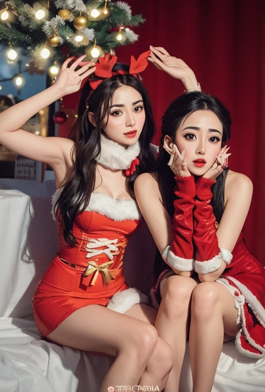 two women in santa hats laying on a bed with a christmas tree, wlop and sakimichan, trending on cgstation, cutesexyrobutts, ying and yang, from overwatch, irelia, trending at cgstation, from league of legends, inspired by Wang Duo, irelia from league of legends, nixeu and sakimichan