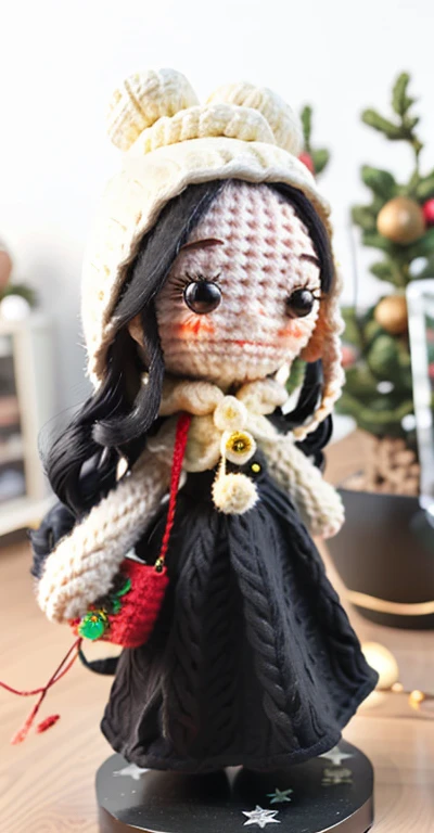 Woolen doll woman, long black hair, happy face, trendy Christmas clothes. Happy holidays