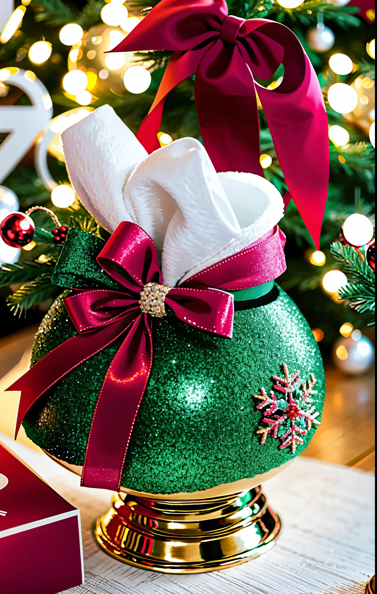 (best quality,4k,8k,highres,masterpiece:1.2),ultra-detailed,realistic,gifts,table,Christmas tree,decorations,wrapping ,bows,ribbon,presents,holiday spirit,vibrant colors,warm lighting,cozy atmosphere,toys,cards,candles,snowflakes,joyful,celebration,exquisite details,exciting surprises,shiny ornaments,sparkling tinsel,beautifully wrapped,excited children,anticipation,festive mood,magical ambiance,delightful moment,wonderful memories,family gathering,cheerful faces,Christmas magic,extravagant,abundance of presents,HDR,UHD,studio lighting,ultra-fine painting,sharp focus,physically-based rendering,professional,vivid colors,bokeh.