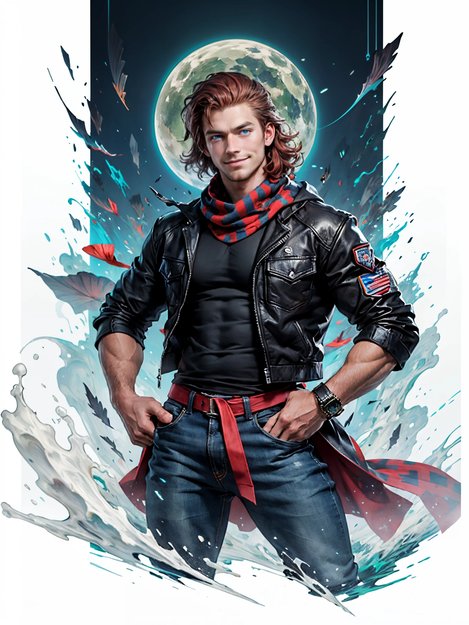 Sculpture design, Figure, (base). male people, caucasian, tall, (muscular), (man with shaggy red hair, blue eyes), wearing blue jeans, wearing white t-shirt, wearing brown leather jacket, white scarf blowing in wind, hands on hips, smiling, poppies, ladybugs, Systemic vision,semi transparent,Computer graphic arts,A high resolution,32K,best qualtiy,hyper HD, dunhuang_background
