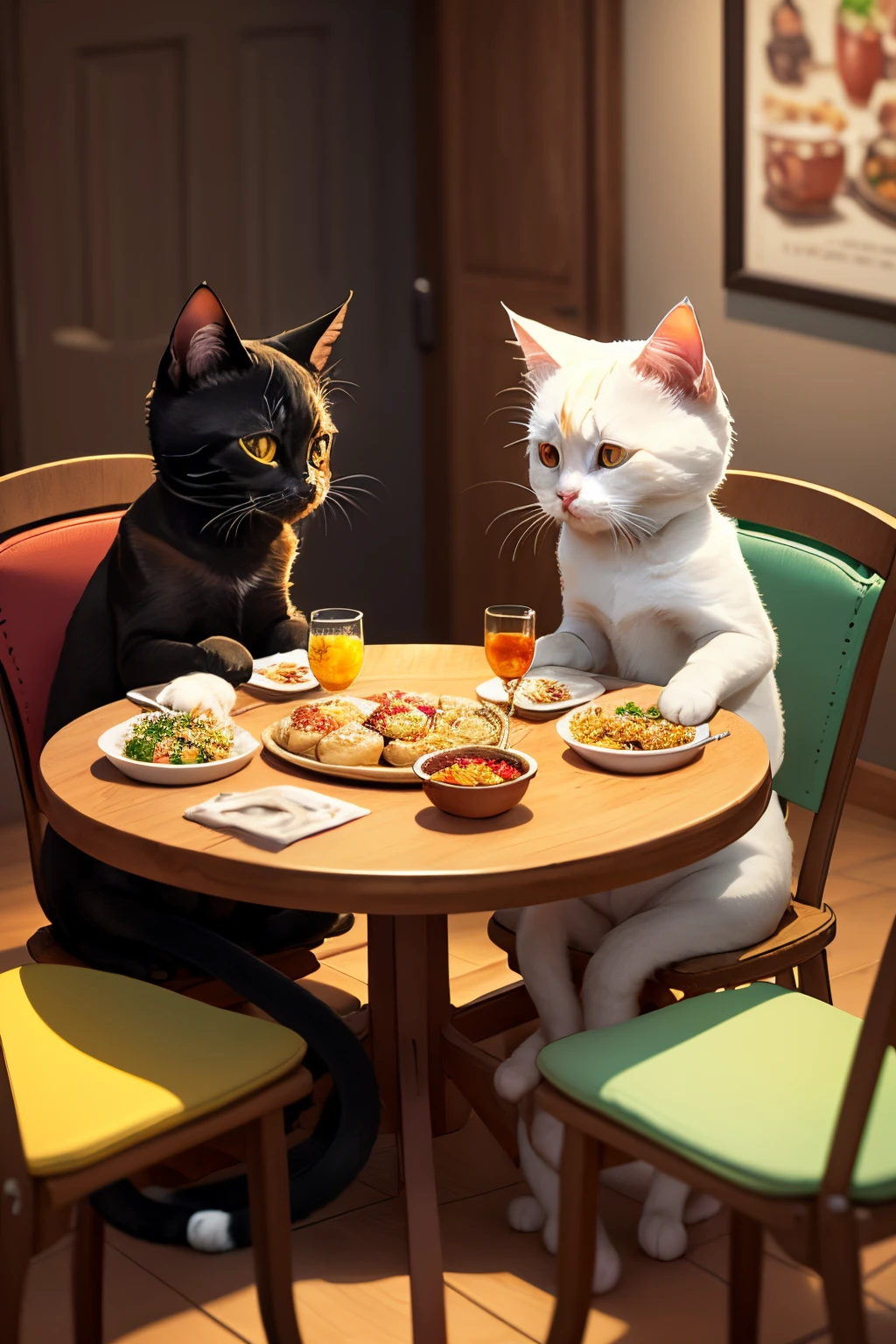 three cats are sitting around a pot of food on a table, the cat cooks soup, cute cats, adorable digital painting, cute kittens, cute digital art, kittens, family dinner, cats party, super realistic food picture, cooking it up, dinner is served, anime visual of a cute cat, cute 3 d render, three cats drinking in a bar