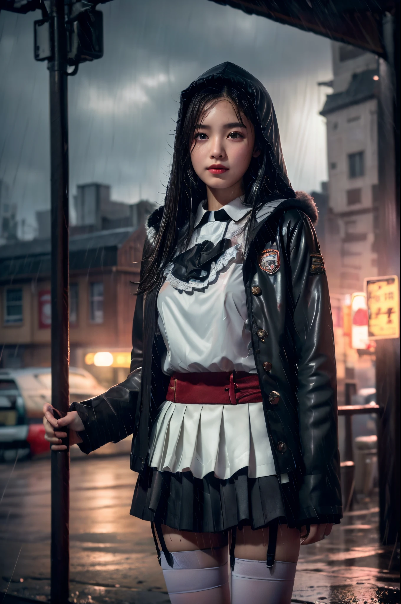 ((8K，tmasterpiece，Best quality at best，hyper-detailing，realistically))，Extremely detailed face，电影灯光，电影灯光，Ray traching，unlit hair， on a cloudy street，Corner store，Bus stop，Torrential rain and heavy rain，Girl with long black hair and black eyes.。(She was wearing a red fur-trimmed hooded jacket，White color blouse，Short black skirt and black garter belt，Clothes soaked by rain，Black exposure，Depth of field tent ），Cinema lens lighting