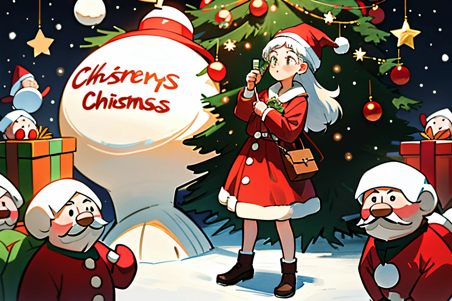 cute girl and santa'Grandfather's、Santa Claus is giving a gift to a girl、beatiful backgrounds、Christmas、2A person is standing next to a large Christmas tree、many decorations on the christmas tree、It's snowing