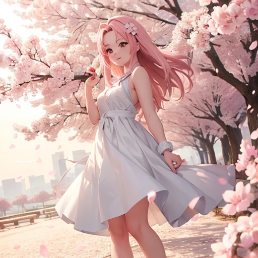 8K,A high resolution,(Amazingly detailed description),Beautiful anime girl standing in front of tree,A white garland is worn on his head, White silk dress,long skirt,Beautiful feet,Barefoot,Tulle material,perform in front of camera,Face the camera head-on,Smile sweetly,Fluffy skirt,Blowing in the wind,sakura haruno, Anime style 4k, Sakura petals surround her, Anime wallpaper 4k, Anime wallpaper 4k, A beautiful anime portrait, 4k anime wallpapers, sakura haruno, style of anime. 8K, shot from far away,close-up all over the body,digital anime art, anime styled digital art, detailed digital anime art