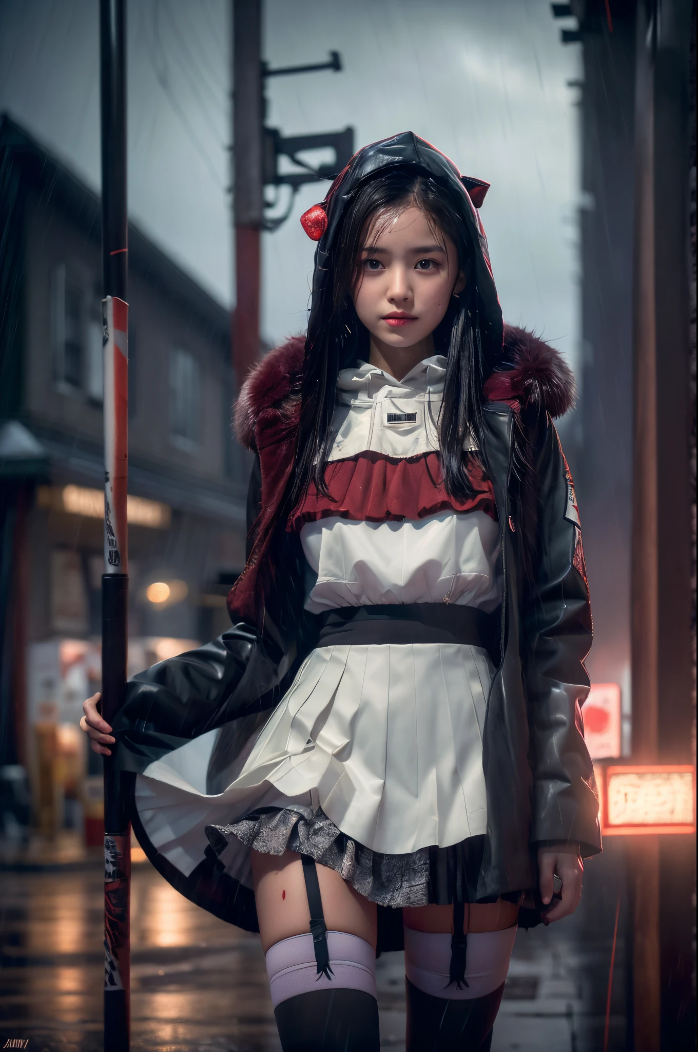((8K,tmasterpiece,Best quality at best,hyper-detailing,realistically)),Extremely detailed face,电影灯光,电影灯光,Ray traching,unlit hair, on a cloudy street,Corner store,Bus stop,Torrential rain and heavy rain,Girl with long black hair and black eyes.。(She was wearing a red fur-trimmed hooded jacket,White color blouse,Short black skirt and black garter belt,Clothes soaked by rain,Black exposure,Depth of field tent ),Cinema lens lighting