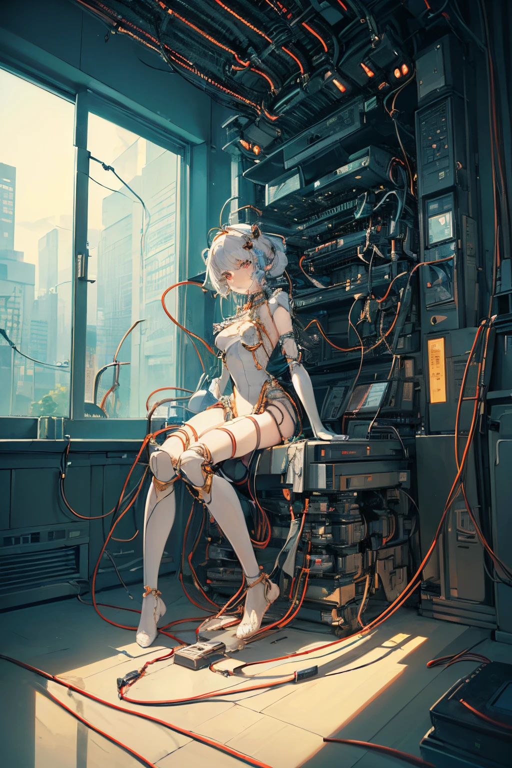 (((masterpiece))), (((best quality))), ((ultra-detailed)), (highly detailed CG illustration), ((an extremely delicate and beautiful)),(cute delicate face),cinematic light,((1mechanical girl)),solo,full body,(machine made joints:1.4),((machanical limbs)),(blood vessels connected to tubes),((mechanical vertebra attaching to back)),((mechanical cervial attaching to neck)),((sitting)),expressionless,(wires and cables attaching to head and body:1.5),(character focus),science fiction