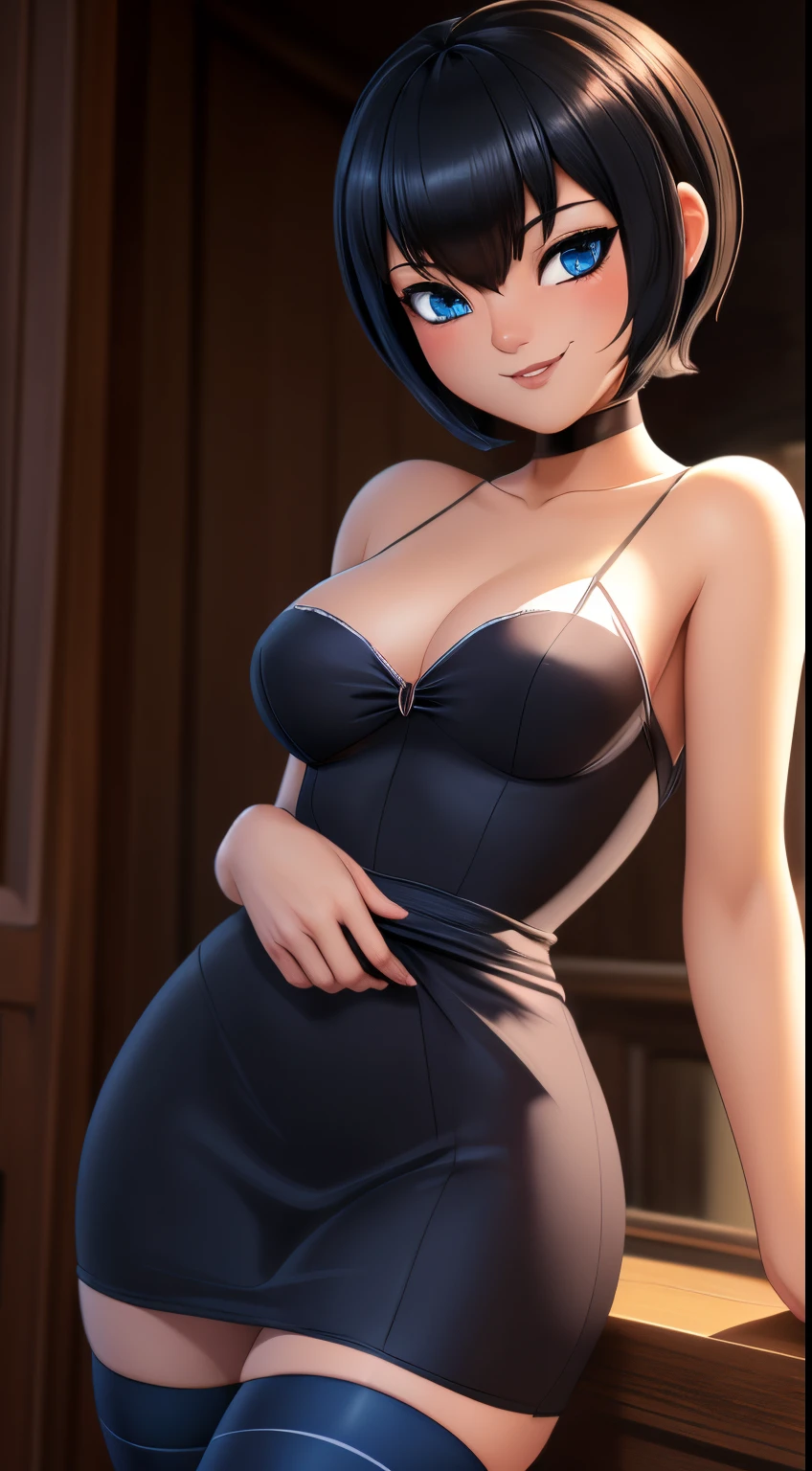 ((ultra quality)), ((tmasterpiece)), mavis dracula, ((Black, Short Hair Hair)), (Beautiful cute face), (beautiful female lips), Charming, ((sexy facial expression)), looking at the camera smiling softly, eyes are slightly closed, (Skin color: white), Body glare, wet body ((detailed beautiful female eyes)), ((dark blue eyes)), (juicy female lips), (beautiful female hands), ((perfect female figure)), perfect female body, Beautiful waist, Gorgeous hips, Beautiful medium breasts, ((Subtle and beautiful)), seductively worth it (), (dressed in Mavis clothes, brown bodycon dress, with closed neck, striped stockings,) background: in a house ((Depth of field)), ((high quality clear image)), (crisp details), ((higly detailed)), Realistic, Professional Photo Session, ((Clear Focus)), the anime