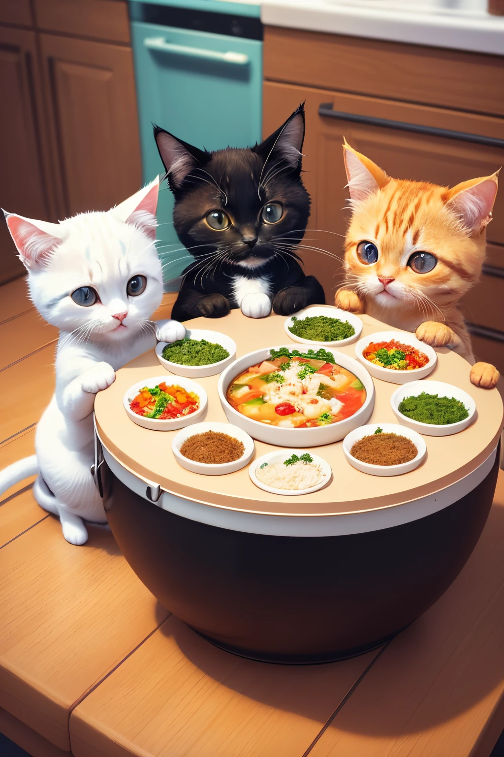 three cute, adorable cats are sitting around a pot of food on a table, the cat cooks soup, cute cats, adorable digital painting, cute kittens, cute digital art, kittens, family dinner, cats party, super realistic food picture, cooking it up, dinner is served, anime visual of a cute cat, cute 3 d render, t