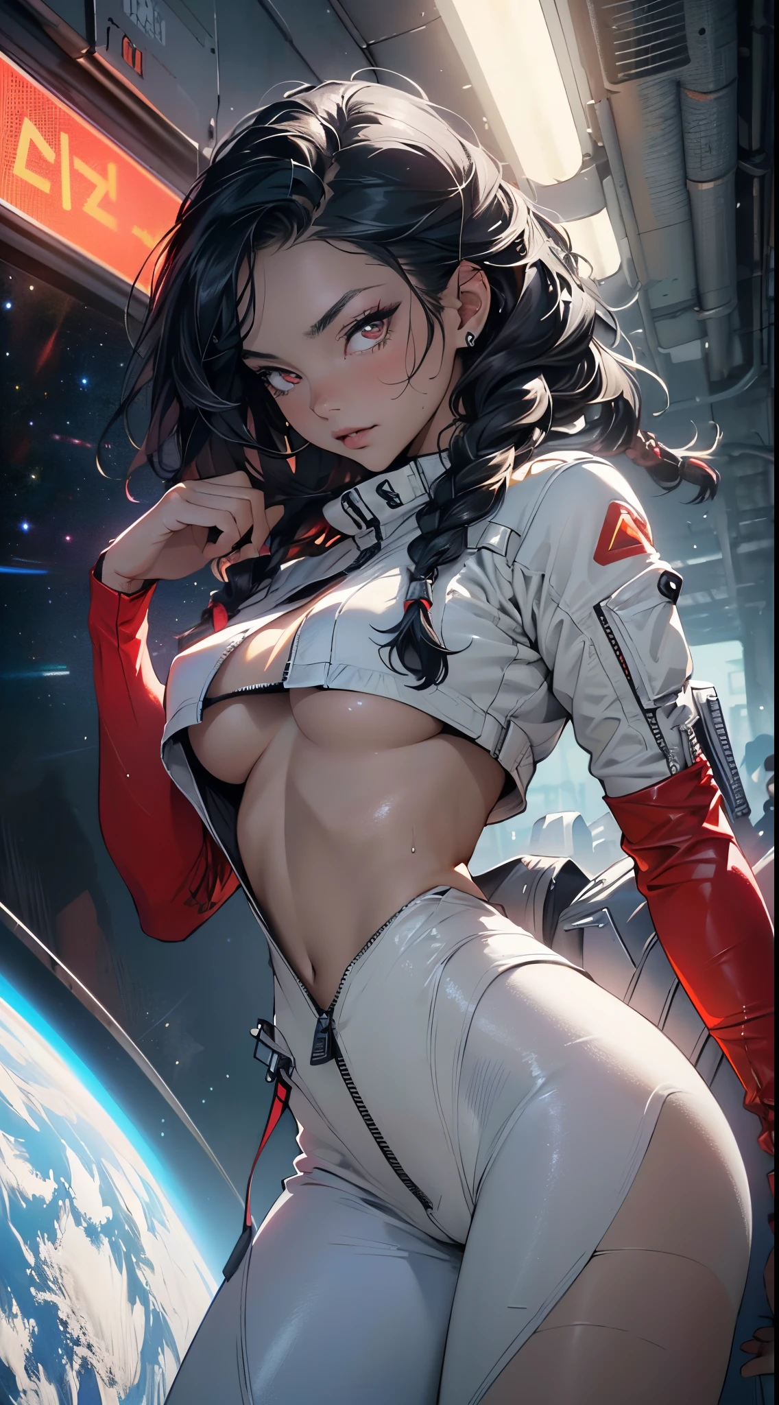 girl spacepunk,(((1girl))),((beautiful girl with spacesuit)),

(:1.4),saggy breasts,((((long twin braids,tight braids,long braid,braided hair,long hime cut,dark hair,black hair,colored inner hair)))),(((red_eyes:1.3))),intricate eyes,beautiful detailed eyes,symmetrical eyes,((fat)),(((lustrous skin:1.5,bright skin: 1.5,skin tanned,shiny skin,very shiny skin,shiny body,plastic glitter skin,exaggerated shiny skin,illuminated skin,wet legs))),(spider lower abdomen,narrow waist,wide hip,athletic body,inflated legs, thick thighs,detailed body,(detailed face)),


cute,slutty,seductive,erotic,(((nsfw))),

revealing clothing,show skin,((underboob:1.5)),(cleavage),((space suit outfit, red space suit,short sleeve spacesuit)),(wearing a space suit outfit:1.3,space suit clothes),((zipper suit, zipper slightly unzipped))),((wet clothes,intricate outfit,intricate clothes)),

(dynamic pose:1.0),solo focus,embarrassed,(centered,scale to fit dimensions,Rule of thirds),

cyberpunk city by the ocean at night, with bright neon signs and dark stormy clouds and puddles, scenery:1.25,nighttime, starry night, cosmos,Very dark night that makes the neon lights stand out, very bright neon lights,nighttime, starry night, cosmos,

artistic photography,(photography taken by sldr),highres, sharp focus,(ultra detailed, extremely detailed), (photorealistic artwork:1.37),(extremely detailed CG unity 8k wallpaper),((synthwave background theme)),(((vibrant colors))),intricate,(intricate background),(masterpiece),(best quality),perfect rendered face,perfect face details,realistic face,photo realistic,analog style,((intricate detail)),(((realism))),
