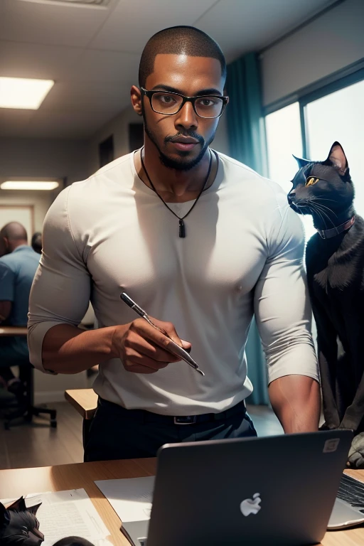 Black guy, cybersecurity engineer, glasses, buzz cut, clean shaven, no earrings, working, with black cat