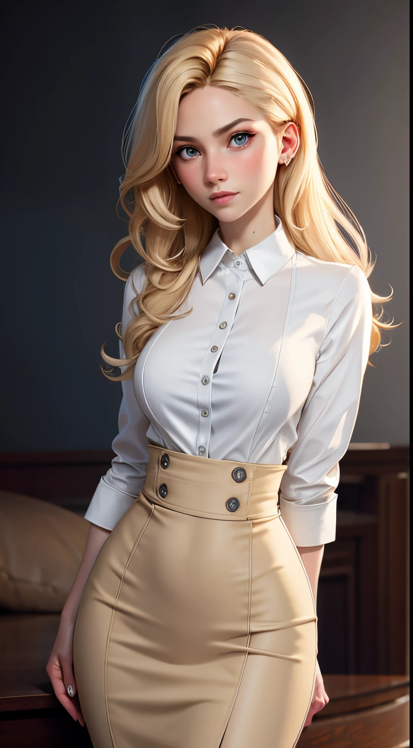 professional, (4k photo:1.1) by (Jeremy Lipking:0.3), (Dittmann Anna:0.3), (Arian Mark:0.3), (Sharp focus:1.3), high detail, wearing (tight shirt:1.2), beautiful detailed face, hazel eyes, long blonde hair, (attractive young woman:1.3), (seductive:1.1), (blushing:1.1), hourglass body shape, small round breasts, wide hips