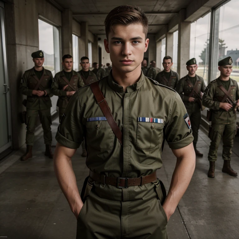 High detail RAW photo of a group of young masculin german army boys (20 years), beuge, full entire body,high octane, 4k render, real person, high-quality