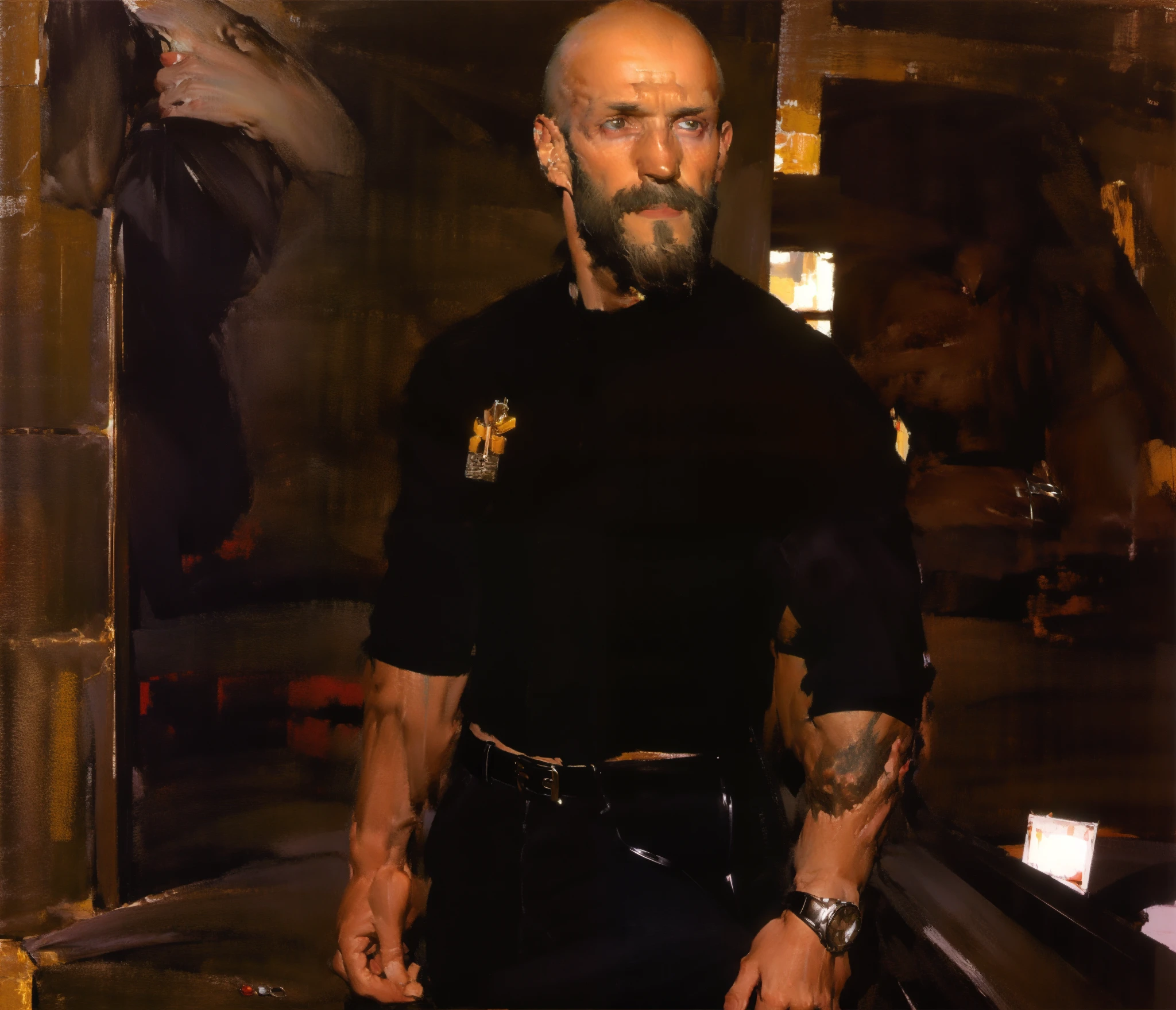 character sheet, dilf, short beard, bald, lean body, tattoos, skater shoes, early 40's, wrist watch, white socks, artistic, black jeans, hunter green shirt, standing, handsome, gentle expression, slim tall build, white male, piercings, accessories, bracelets, nose piercing, silver earrings, art gallery, black belt, blue atmosphere background