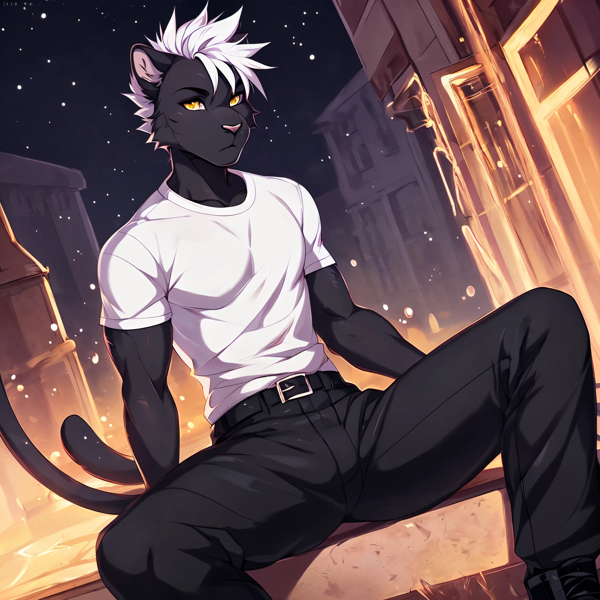 Solo:1.4, male, an all black anthro furry panther boy, muscular, white spiky hair, yellow eyes, by fumiko, by hyattlen, by hioshiru, wearing white shirt, black pants