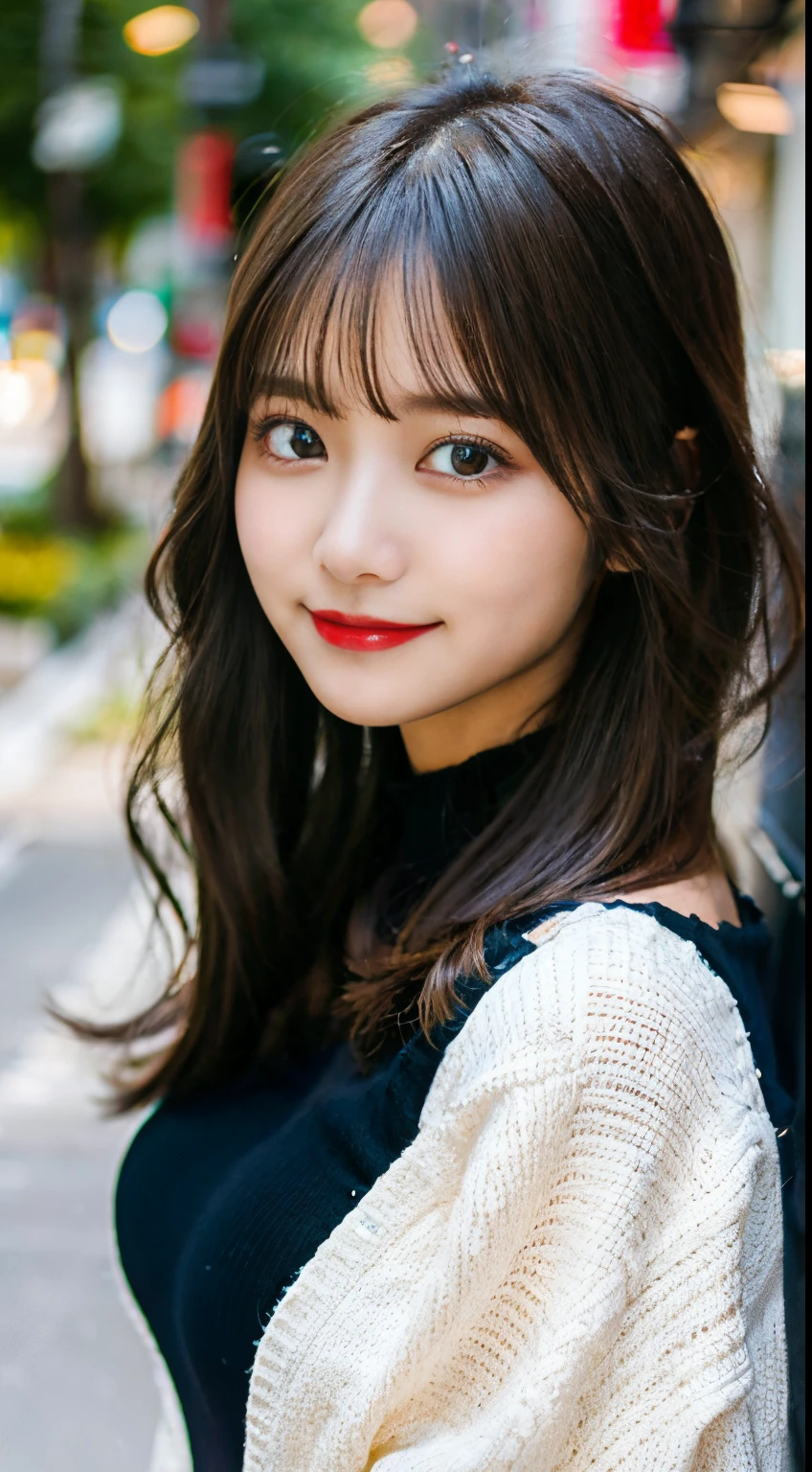 Imagen：「8K、 Best Quality、finely detail、photo-like、realisitic、hight resolution、Beautiful girl at 18 years old、Fine skin」 Background with：「random place、detaileds、realisitic、Face Up」 faces：「Beautiful detailed eyes、Slight sagging eyes、Very big eyes、Clean double eyelids、Enraptured look、a smile、show teeth、cabelos preto e longos、Unified hair length left and right、Natural Color Lip」 body：「Height 160cm、random and bold clothes、Wearing outerwear for winter、Wearing a dress、Clothes colors are random、 E Cup Breast、pretty pose、facing front、Emphasizes cleavage」 accessoires：「Simple piercing」