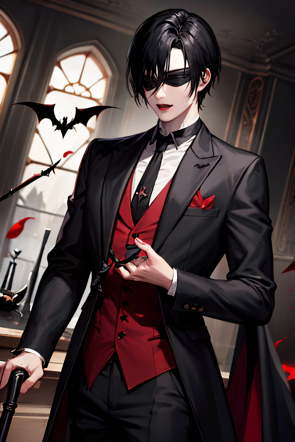 Vampire boy with black blindfold and black hair and cane and bats in background