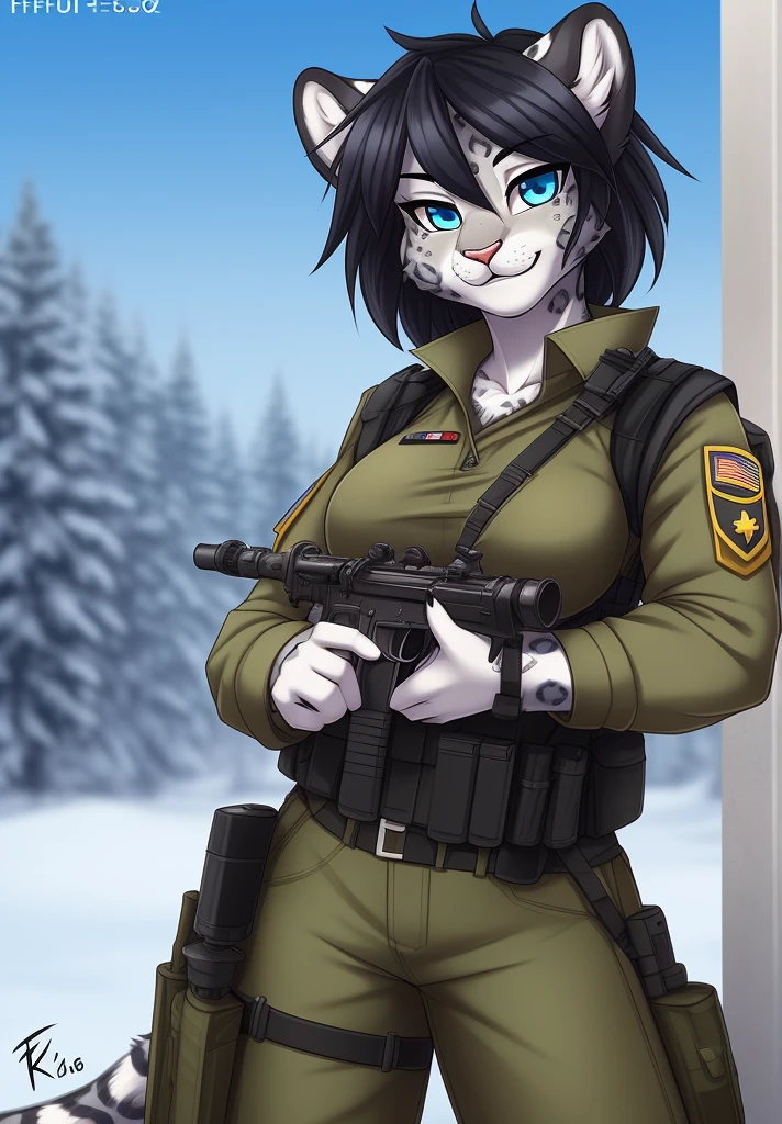 by fluff-kevlar, (best quality, masterpiece:1), solo, anthro, furry, female, ((Snow Leopard)), blue eyes, black hair, short hair, portrait, fingers, finger claws, looking at viewer, snow leopard tail, ((huge tuft of hair on the chest)), ((Military uniform)), ((fully clothed)), ((medium breasts)), (tactical vest), ((holding a Sig-552))