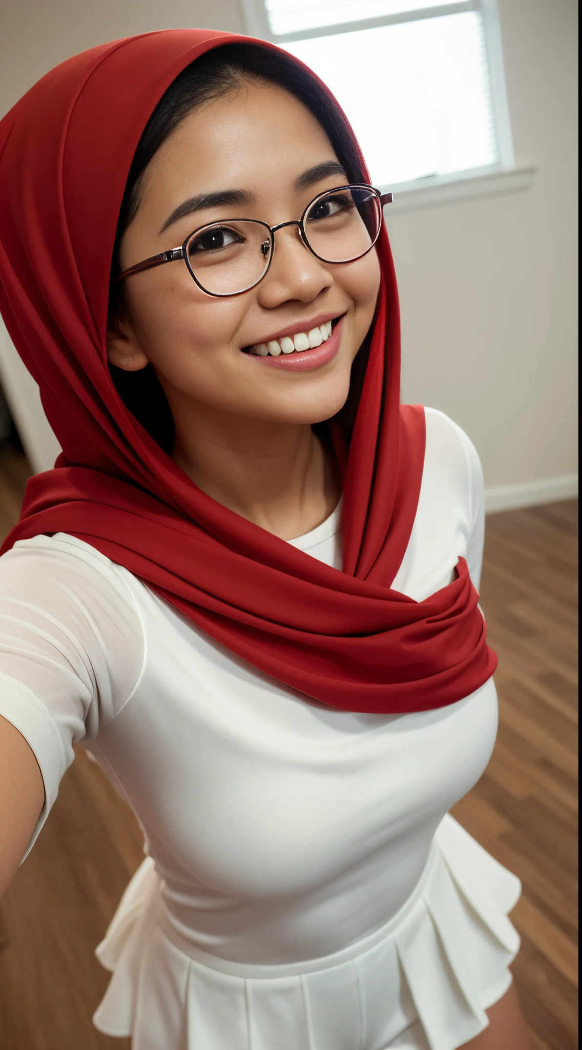 Cute malay girl in long red hijab wearing white peplum shirt and white pants in shy pose in ballroom hall, wear big round glasses, nerd, big smile, laughing, happy, big front teeth, bright lighting, cute face, 35mm lens, Extreme close-up, pastel color grading, depth of field cinematography effect, romantic film genre, 8k resolution, high quality, ultra detail,