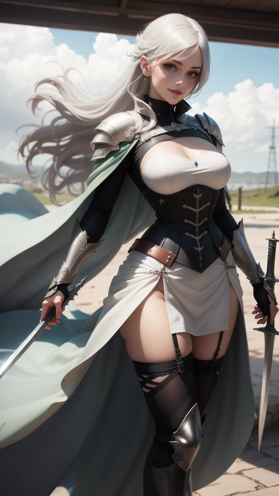 gwen tennyson,yorha 2b,tracer,claire farron,1girl,overwatch,atelier ryza,close up,battlefield view,tattoos,royal gray and white plugsuit,white short sleeve knight top,short sleeve knight full plate armor,long knight skirt,white knight corset,long hair,princess makeup,green eyes,multicolored silver hair,long dress train,shy smile,freckles,beautiful girl, knight thigh high boots,big breasts,8k, ultra detailed,realistic,fantasy art,silver knight uniform,queen gown dress,hair pin,ear piercings,snowflake hand and neck jewelry,(weather:windy),long gray knight cape,holding a sword on each hand,(pose:sword raised ready to attack),