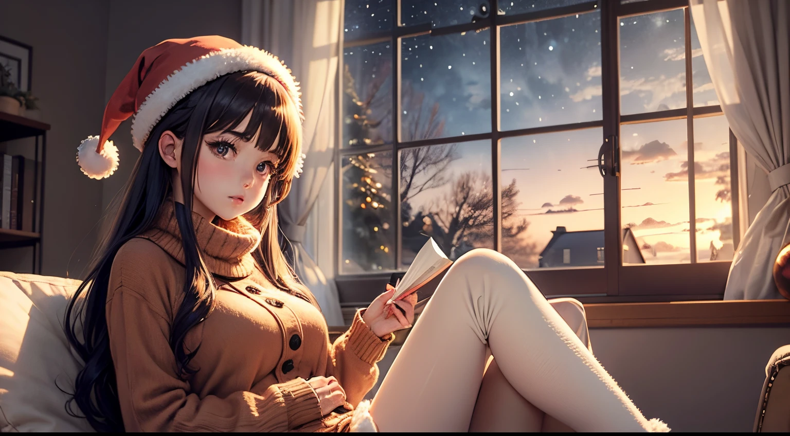 Anime girl in the Christmas decor living room with large windows and a winter sky view
