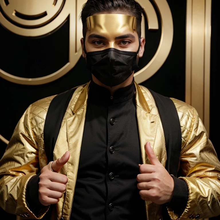 a man holding the middle finger up dressed in a gold and black jacket with a golden mask on and golden gloves he has full black eyes