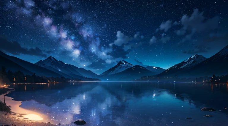 (best quality,4k,8k,highres,masterpiece:1.2),ultra-detailed,(realistic,photorealistic,photo-realistic:1.37),night sky,shining stars,peaceful atmosphere,dark blue hues,magical sparkles,glowing moon,quiet tranquility,sleeping town,serene landscape,calm lake,reflection of stars,whispering trees,distant mountains,majestic silhouettes,dreamlike ambiance,silent beauty,enchanted starry night,eerie sensation,mystical aura,dazzling constellations,celestial wonder,sublime artistry,romantic expression,melancholic serenity,celestial harmony,waves of radiance,luminous sky,celestial skyscape,stunning galactic spectacle,evocative masterpiece,ethereal universe,hypnotic allure,magic unfolding in the night sky,sublime canvas of the infinite,cosmic enchantment.