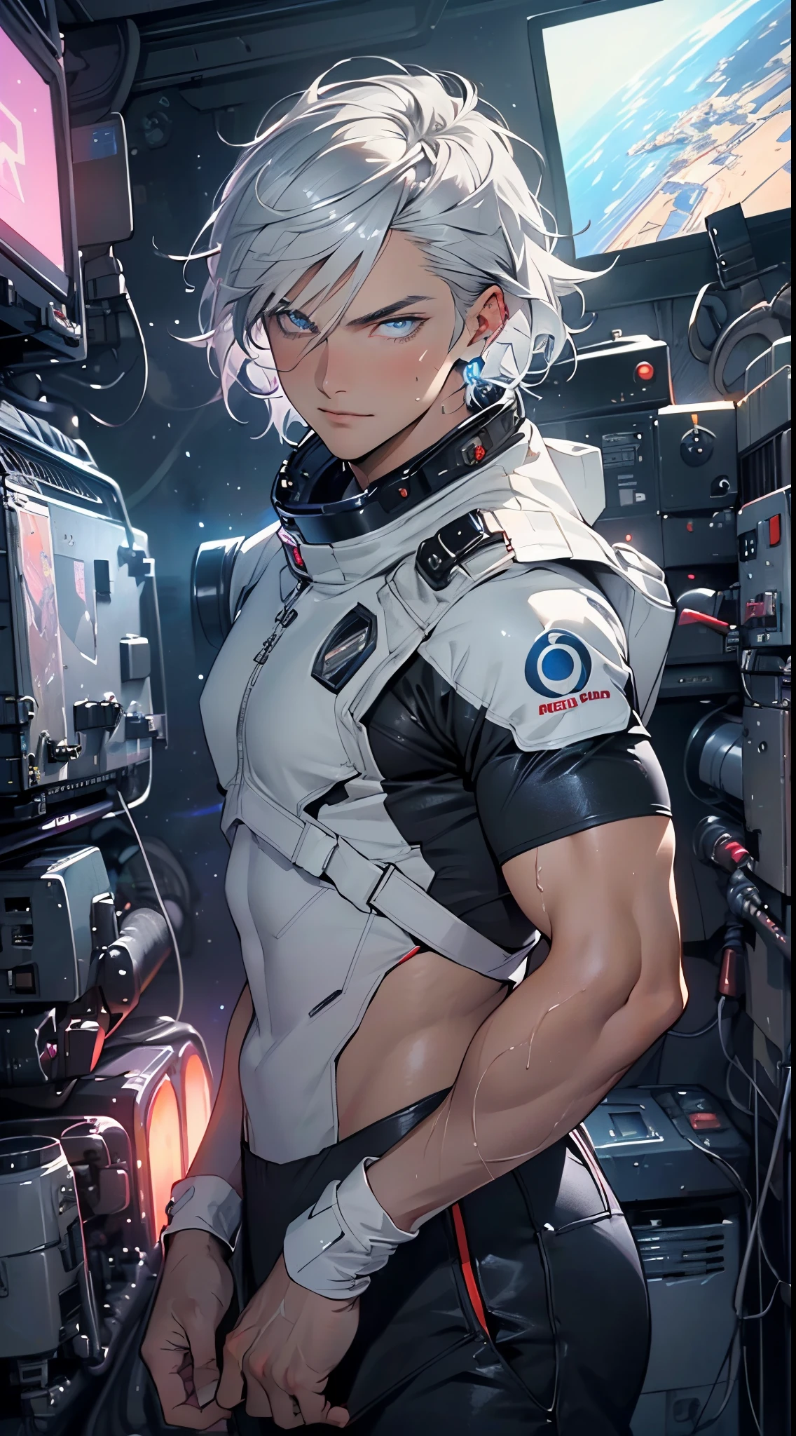 (man:1.5),1 man,space adventure man,(((1man))),
(((1male,man:1.5,handsome man,male,male gender:1.5,male focus))),macho man,old man,big muscle, pectoral, big pectoral, muscular, Mature man,45 year old man,adult,1 man, old macho man
((short gray hair,slicked hair,gray hair)),(((lustrous skin:1.5,tanned skin,bright skin: 1.5,skin tanned,shiny skin,very shiny skin,shiny body,illuminated skin))),(((blue_eyes:1.2))),intricate eyes,beautiful detailed eyes,symmetrical eyes,man chest,handsome face,(((white very short beard, silver very short beard))),((muscular,hairy body,muscular man)),(((detailed face))),
alluring look,nsfw,Viking, barbarian,
space suit pants,((bulge in pants)),((space suit outfit, blue space suit,short sleeve spacesuit)),(wearing a space suit outfit:1.3,space suit clothes),((wet clothes,intricate outfit,intricate clothes)),
(dynamic pose:1.0),solo focus,((evil smile,evil look)),(centered,scale to fit dimensions,Rule of thirds),
cyberpunk city by the ocean at night, with bright neon signs and dark stormy clouds and puddles, scenery:1.25,nighttime, starry night, cosmos,Very dark night that makes the neon lights stand out, very bright neon lights,nighttime, starry night, cosmos,
artistic photography,(photography taken by sldr),highres, sharp focus,(ultra detailed, extremely detailed), (photorealistic artwork:1.37),(extremely detailed CG unity 8k wallpaper),((synthwave background theme)),(((vibrant colors))),intricate,(intricate background),(masterpiece),(best quality),photo realistic,analog style,((intricate detail)),(((realism))),