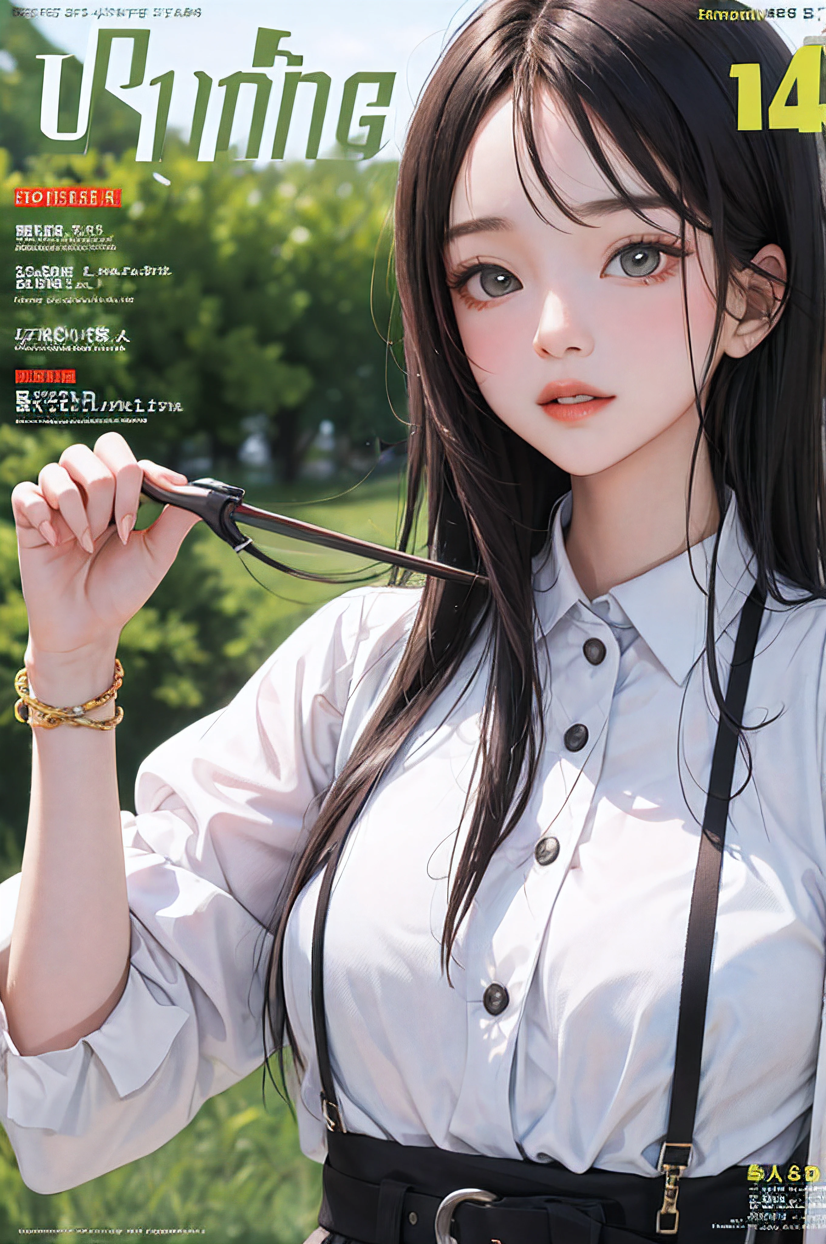 Girl licking thick stick at bottom of screen, black hair, ponytail, black sailor suit