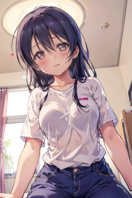 (((pixel perfect, Detail Perfect))), Solo, 1girl in, Umi Sonoda, Looking at Viewer, Sweat, Heart-shaped pupil, cum on, nedium breasts,
Half closed eyes, blush,
view the viewer, From below, Focus, straddle the particles of light, Love hotel bedroom, garments(Y shirt,String pants),