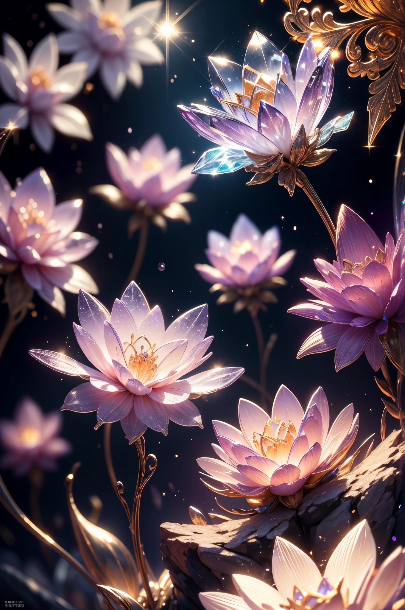 Crystal flowers, fanciful, Sparkling, Sparkling, Shining, glistening, Coloring, magic photography, The lighting is dramatic, detailed, 4K, depth of field, particle effects, raytracing, high resolution,