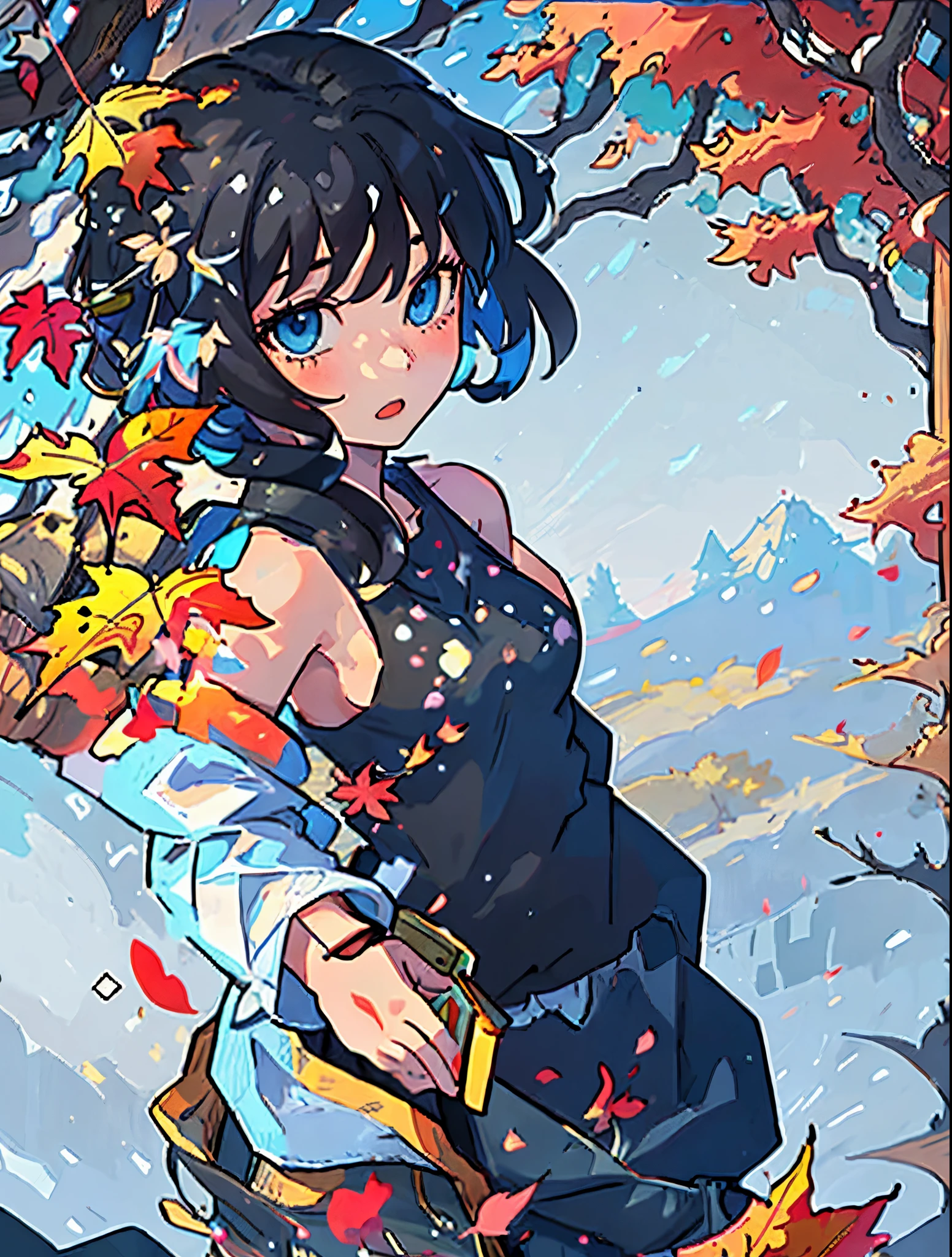 a girl with black medium-length hair.
Depict her in a scene filled with maple trees and falling maple leaves, her eyes revealing a sense of anticipation and excitement.
Background color tone in orange.
Create an atmosphere rich with maple trees and falling leaves,  the scene more vibrant and unique.
Emphasize the girl's blue eyes, capturing the anticipation and excitement reflected in her gaze.
Describe the girl wearing a white tank top and cargo pants, comfortable attire suitable for adventure.
show her sideboob.
Highlight her medium-length black hair, enhancing the overall presentation of her adventure under the maple trees.