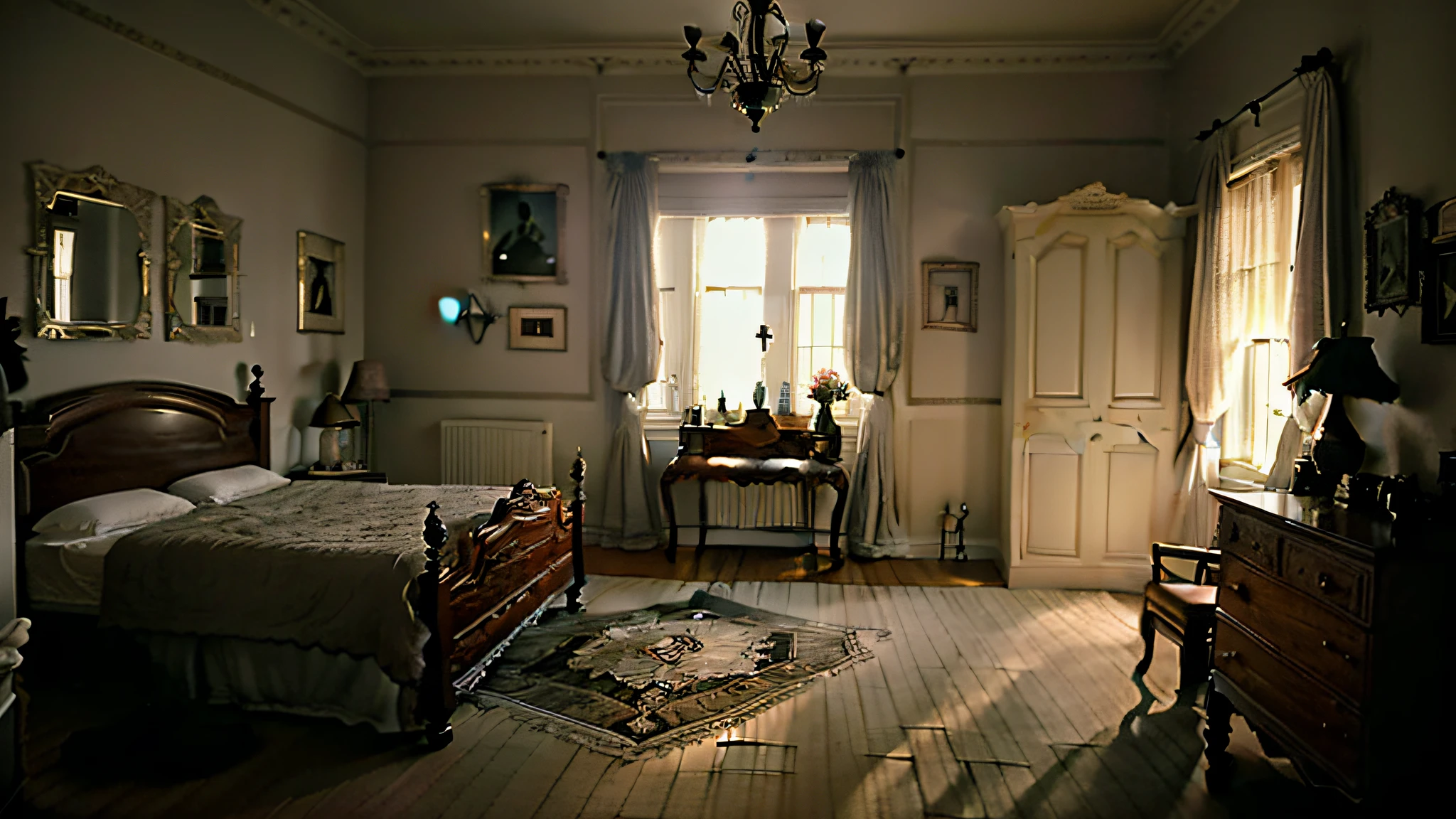 there is a bedroom with a bed, dresser, and a chandelier, in a dusty victorian home, victorian room, 1 9 2 0 s room, room with eerie feeling, interior of a victorian house, foreboding room, dreamy atmosphere and drama, house interior, an interior of room, dim bedroom, set photograph, bedroom in studio ghibli, inside of a bedroom