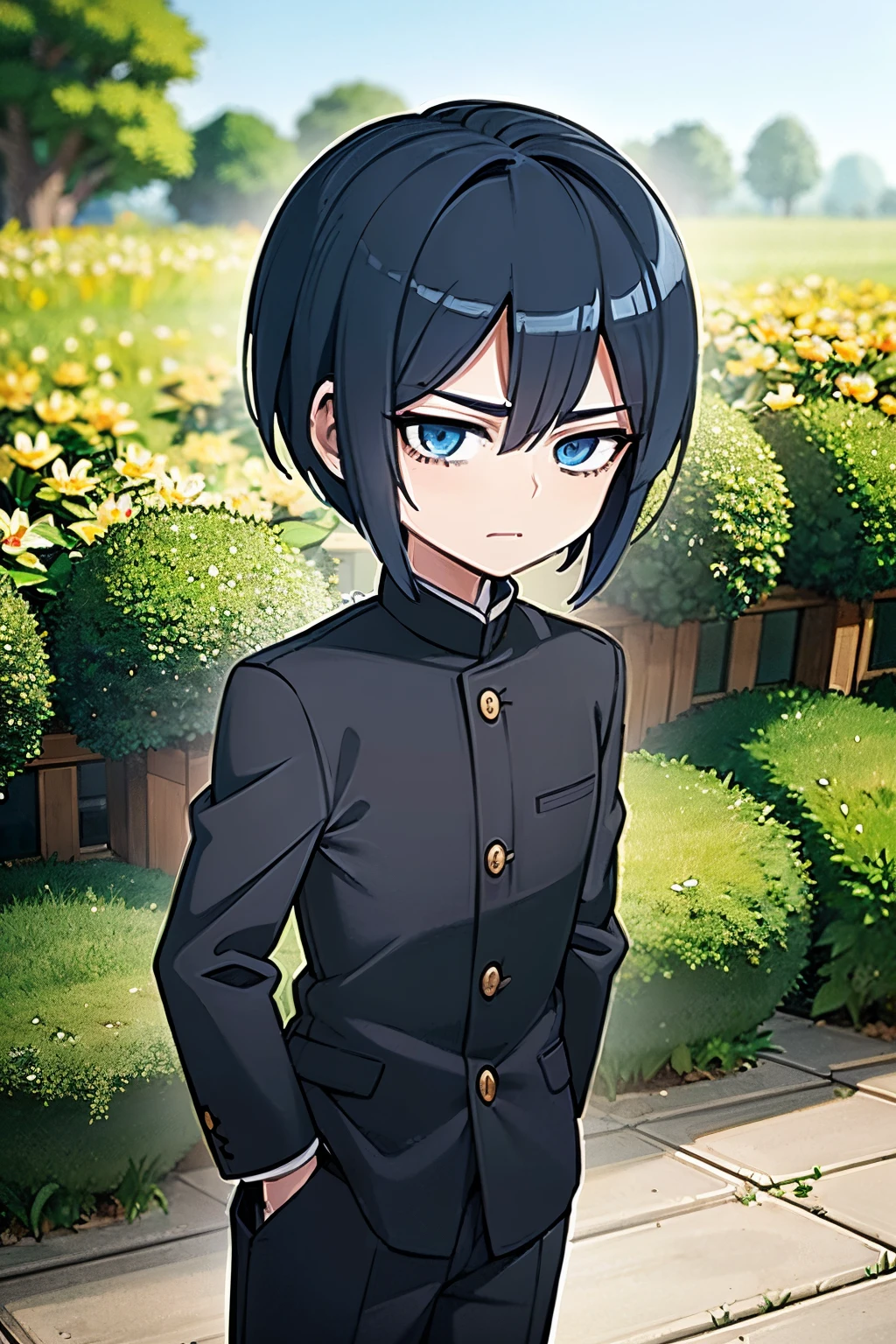 young boy, tall boy, blue hair, bob hair cut, blue eyes, wearing black student outfits, black gakuran, anime boy, shy face, in a garden, shy face, cute anime pose, hd, masterpiece, best quality, grey filter, 4k, anime, 8k, black lines