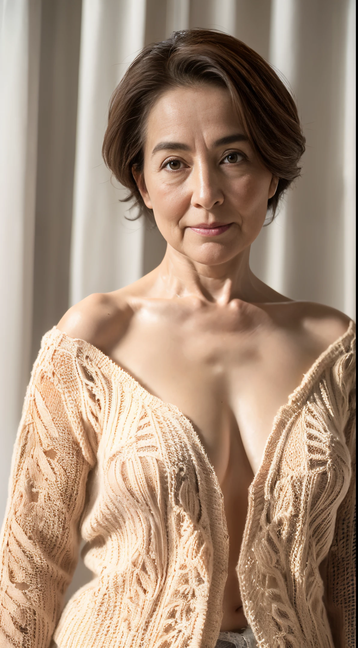 gravure, masterpiece, Best Quality, Ultra-detailed, Photorealistic, super detailed skin, Perfect Anatomy, (Solo), 96 years old, (barechested), Large breasts, Mature Actress, Natural hair color, Fancy makeup, Wrinkles at the corners of the eyes, Wrinkles in the mouth, glamor, A sexy, Chromo-white skin, Looking at Viewer, sprawl, knitted sweater coat over lace teddy and linen pants