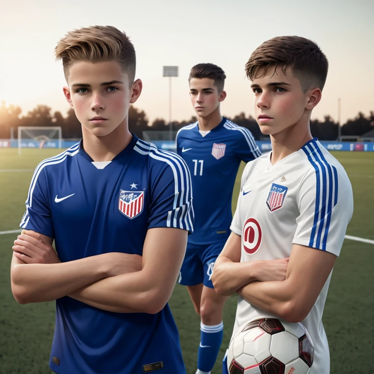 (masterpiece, ultra quality, high resolution, 8k, intricate: 1.2), (detailed face:1.2), handsome, Young american man ,white skin, double eyelids , detailed skin, 1boy, ((realistic)), abs, good lighting quality, muscle veins, ((pale skin)),wearing tight soccer uniform, properkissing with their tongues out,