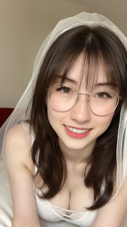 (realistic, high resolution:1.3), 1 girl with perfect figure, glasses, smile, ((pale white skin:1.3)) ,(gigantic breasts:1.3), looking at viewers, super fine face and eyes, long hair, white transparent lace veil: 1.2 , in bedroom, sit on the bed, , exposed cleavage, upper body, half body