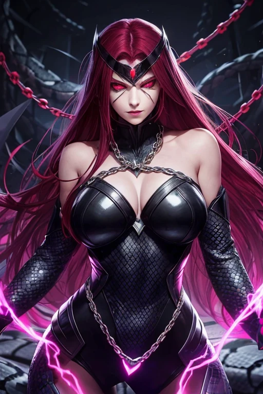 female supervillain, half mask in the eye, visible veins in her face, red eyes, face detail using power chains, snake power, Meduza, beautiful, sexy, Psychopath