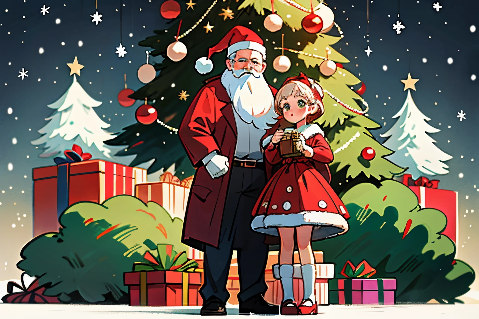 Cute girl and Santa's grandfather、Santa Claus is giving a gift to a girl、beatiful backgrounds、Christmas、2A person is standing next to a large Christmas tree、many decorations on the christmas tree、It's snowing