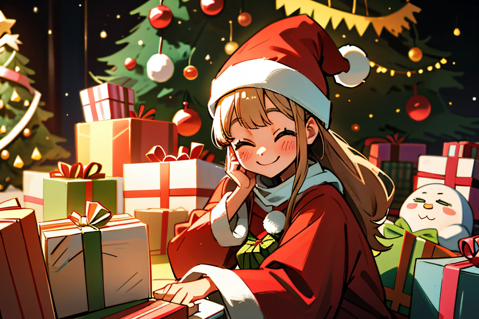 Kawaii Girl、A smile、Christmas、Cute Santa Costumes、surrounded by many presents、next to the big Christmas tree、many decorations on the christmas tree、inside in room