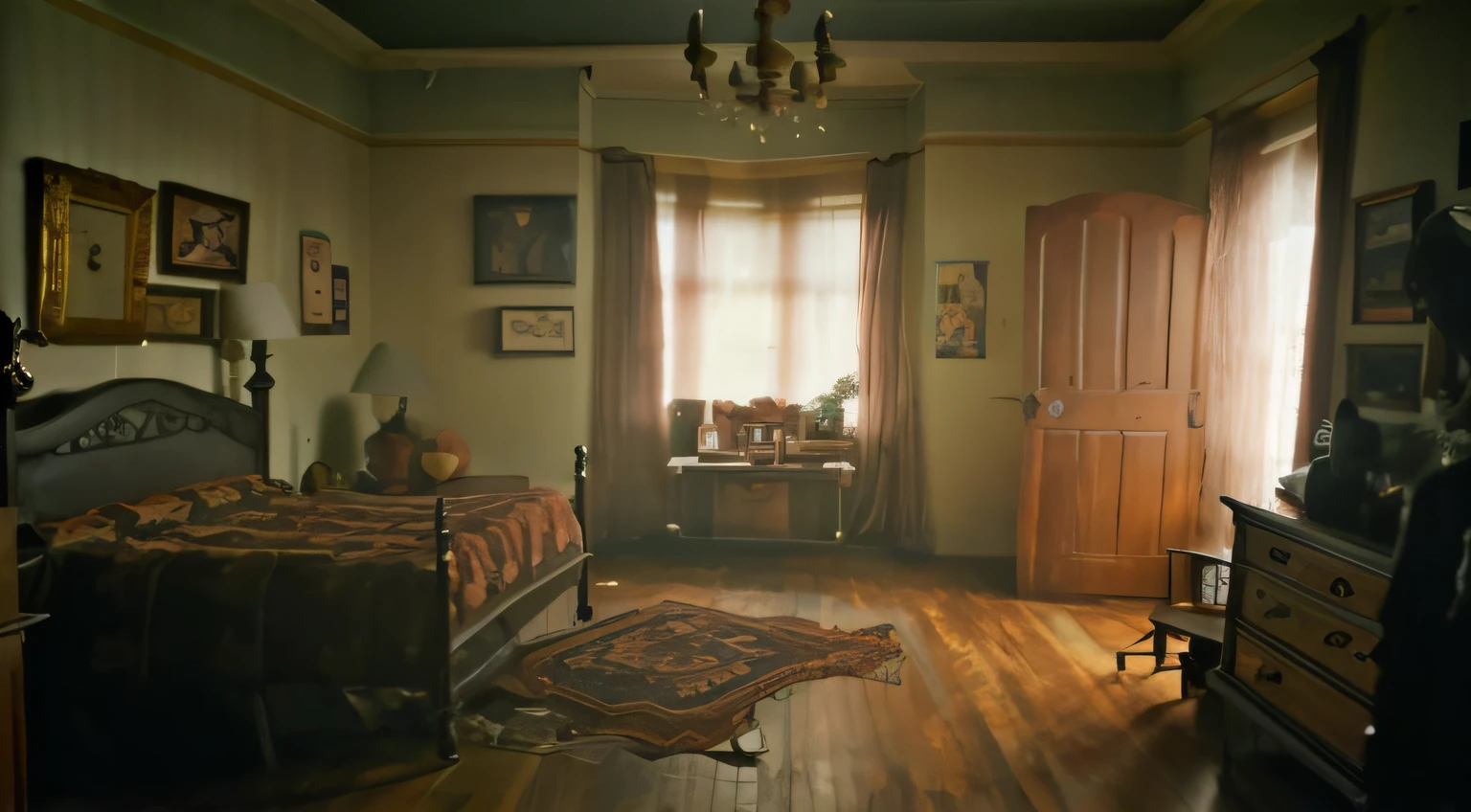 there is a bedroom with a bed, dresser, and a chandelier, in a dusty victorian home, victorian room, 1 9 2 0 s room, room with eerie feeling, interior of a victorian house, foreboding room, dreamy atmosphere and drama, house interior, an interior of room, dim bedroom, set photograph, bedroom in studio ghibli, inside of a bedroom