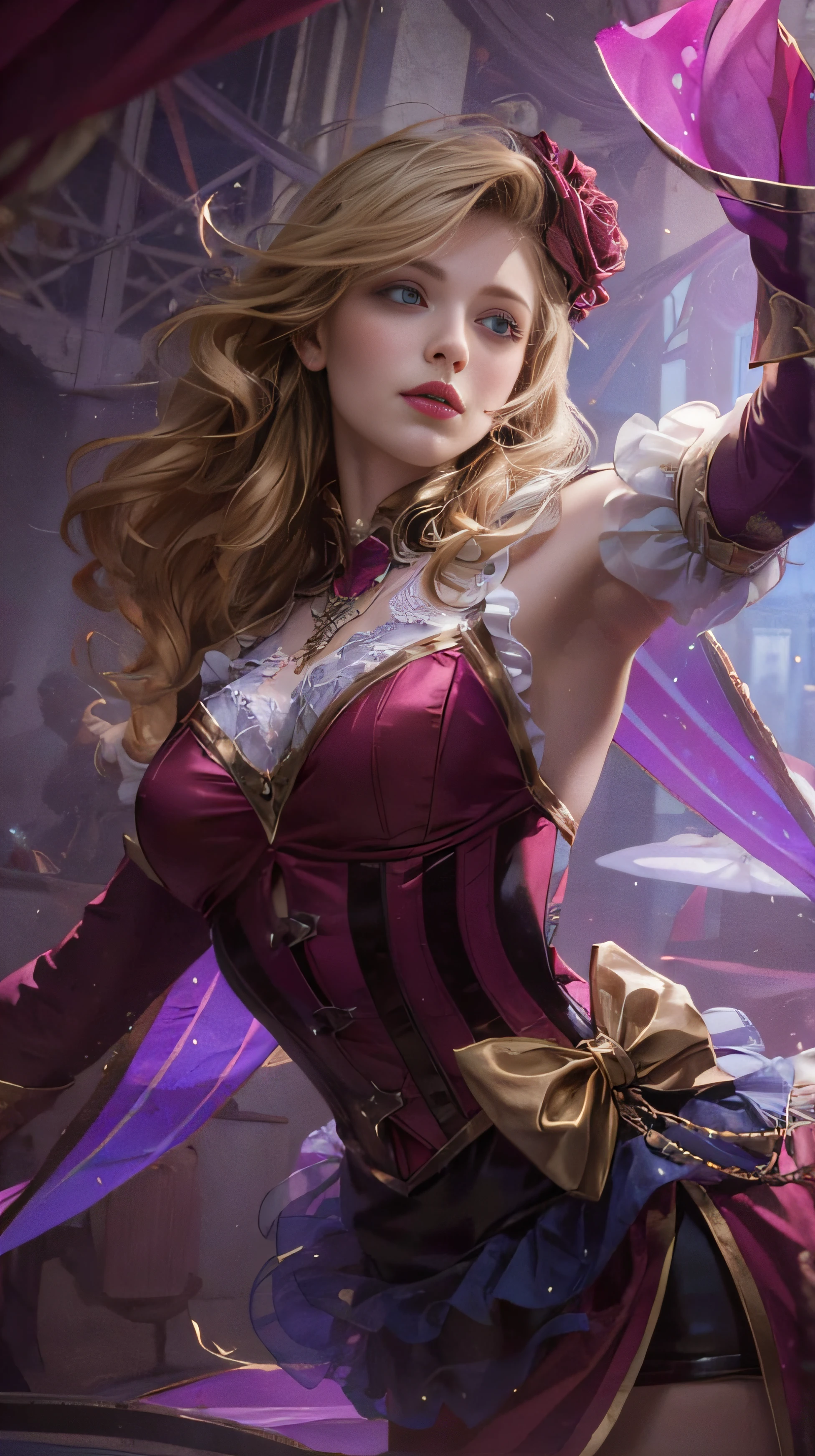 Blonde woman, Countess, True Beauty, Hot model, slightly smiling, Detailed eyes, sexy red lips, elegant hair, closed hands, Blonde hair, Magician girl hairpin with pink roses on top; realistic skin, extremely detailed hair, delicate sexy face, sexy gaze. side-swept hair, flowing down, over one eye, messy hair. Pink Elegant Top, Corset-like waist belt, sleeveless. Stage background, flying poker cards in the air. (Masterpiece, best quality, photorealistic, photography), ((realistic, realistic detail)).