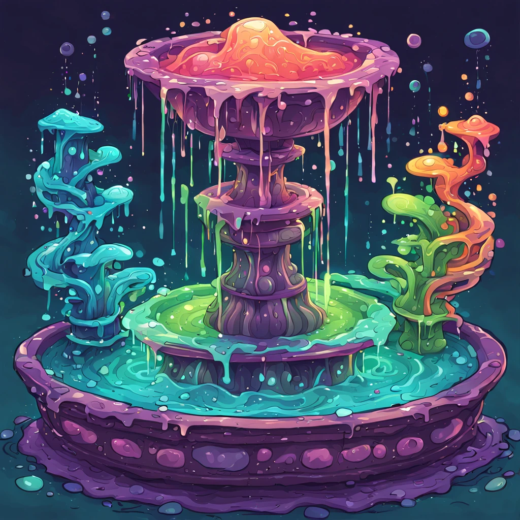 A four-way fountain each side filled with strange glowing slime in many colors, in zen tangle art style