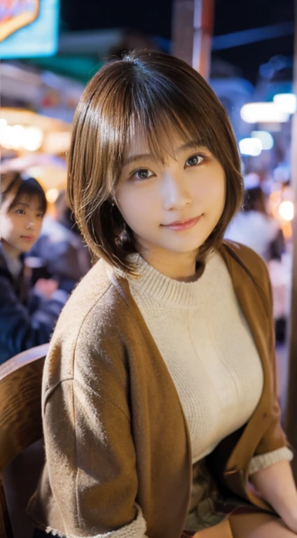 An amusement park(Photorealistic), (ultra high realistic), (Ultra high definition), (ultra high detailed), (Increase contrast), (Increase saturation), ( girl), (light skinned)A pretty woman with perfect figure, Cute face, Beautiful expression, (Lifelike face), Beautiful hairstyle, Realistic eyes, beautiful detail, (real looking skin), Beautiful skins, enticing, The ultra -The high-definition, A hyper-realistic, Realistic, Very detailed, Japanese, a short bob, bangss, (Wool short coat and knee-high boots、japanese cute idol, Tartan check)((Very short miniskirt)) Gentle smile, Brown hair,、The cleavage looks bold、beutiful breast、thin-waist、big butts、An amusement park((Sit down and rest ))、